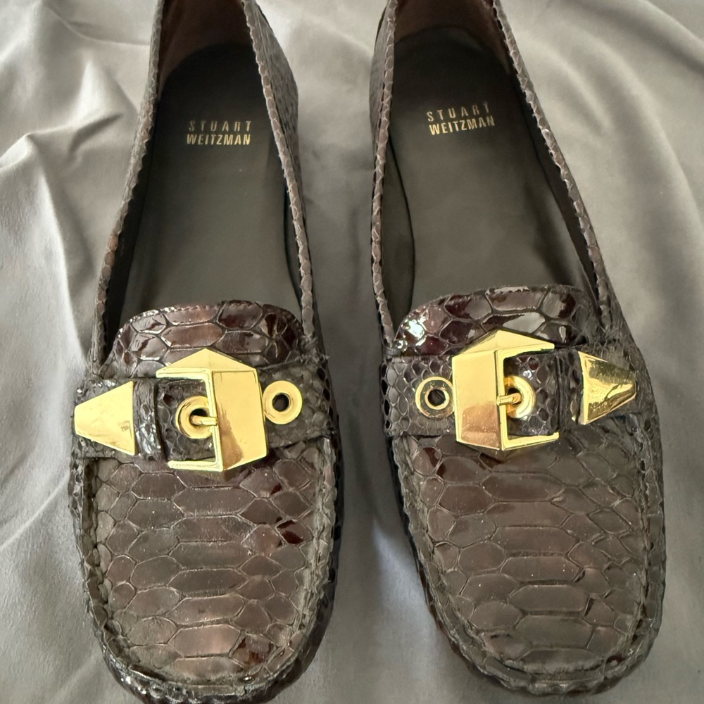 Stuart Weitzman Dark Brown Python Loafers With Go… - image 1